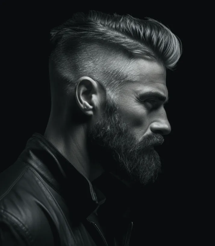 B\W portrait photo, a man with short haircut looking to the right