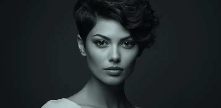 B\W portrait photo, a woman with short hair looking into the camera
